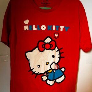 Hello Kitty Red Graphic Tee – Peace Sign, Sanrio 2023 – Size L